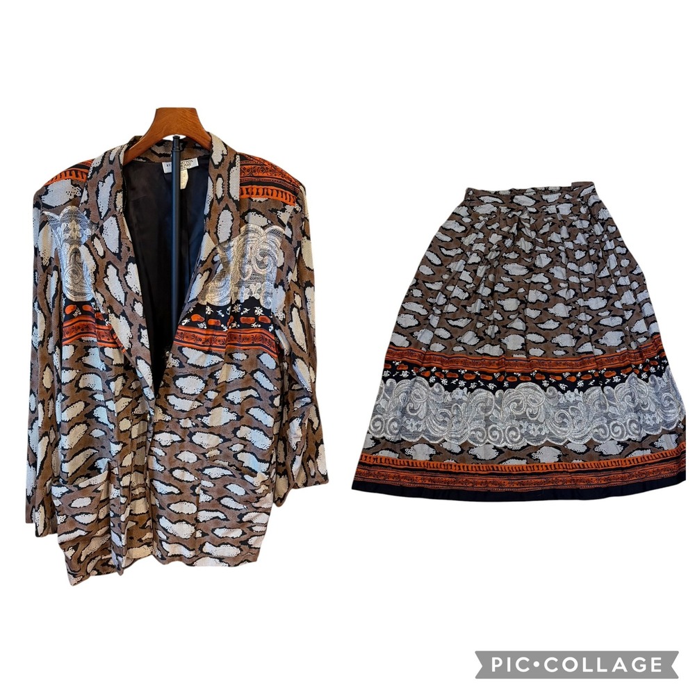 Kensington Square Vintage 2 Piece Skirt Set Blazer Snakeskin Paisley Print 1X